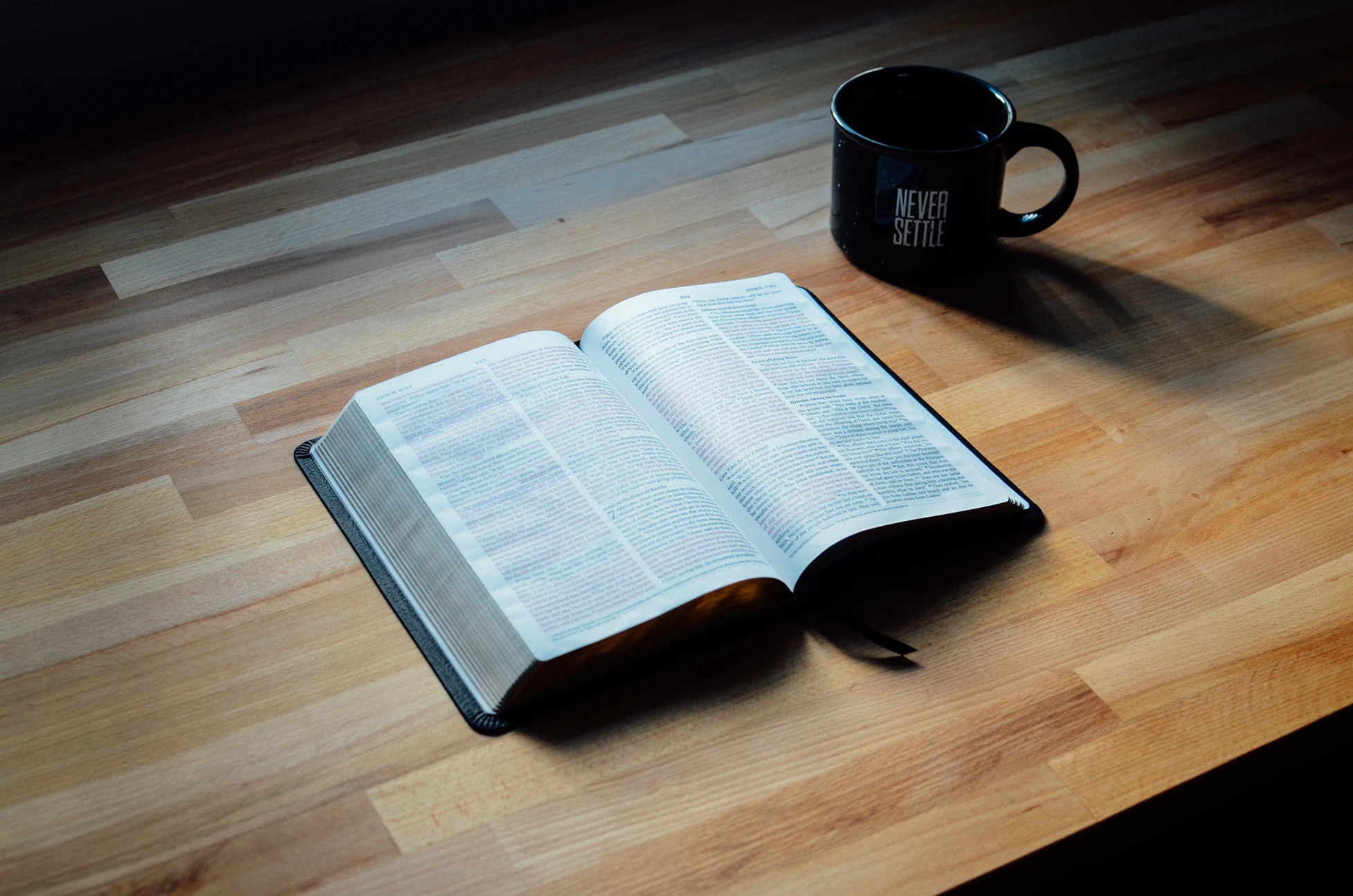 Bible and coffee on a desk